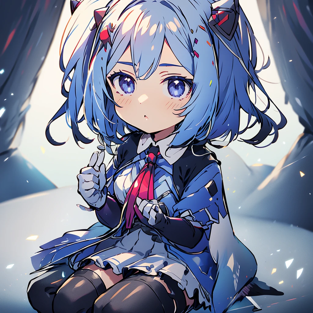 2d, masterpiece, best quality, anime, highly detailed face, highly detailed eyes, highly detailed background, perfect lighting, cowboy shot, 1girl, solo, aki rosenthal, collared dress, short dress, short sleeves, blue jacket, black thighhighs, detached hair, long hair, low twintails, bob cut, necktie, headgear, white gloves, elbow gloves, wide hips, confused, sitting, spacecraft interior 