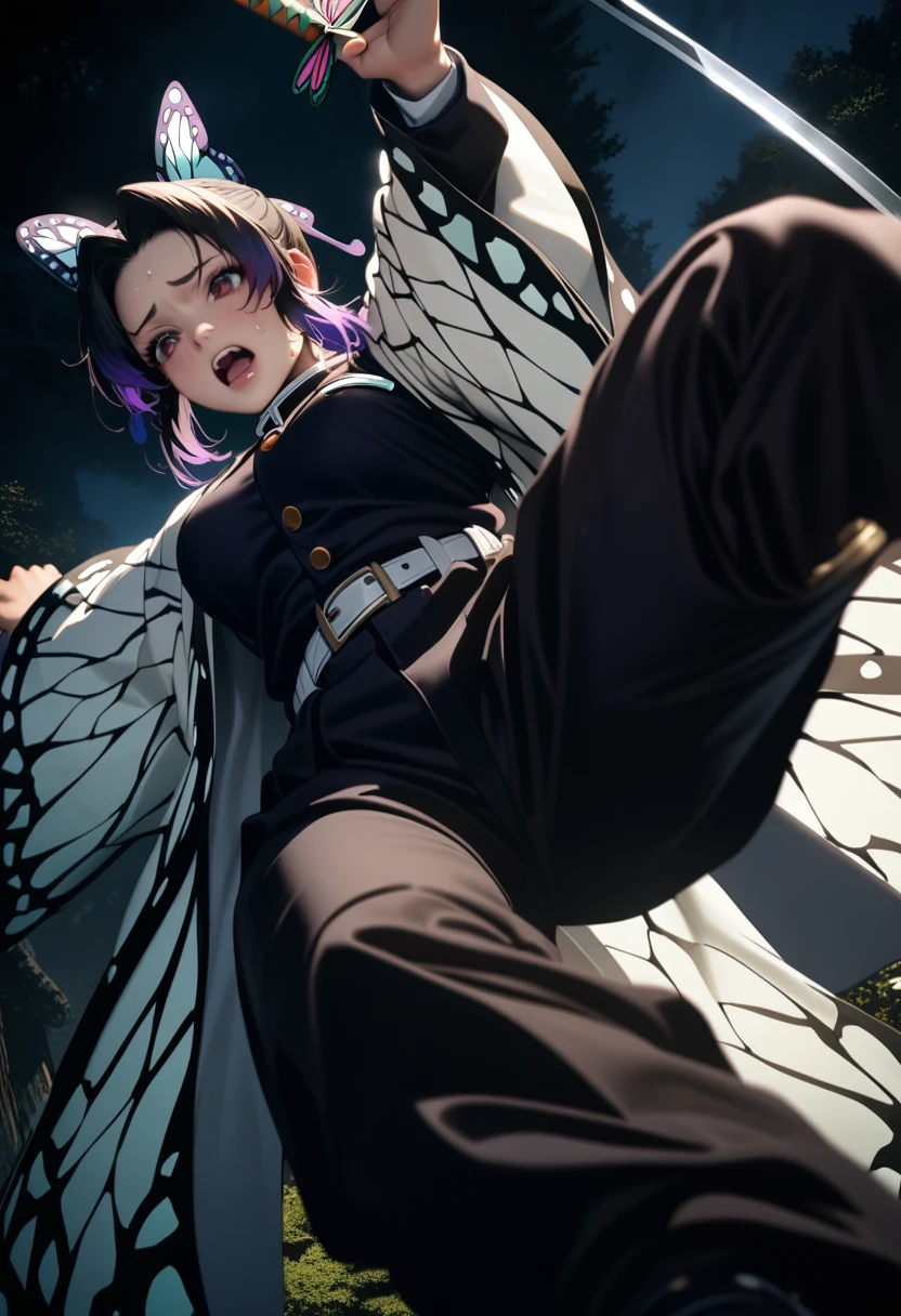 k0ch0ush1n0bu, shinobu kochou, animal print, black hair, butterfly, butterfly hair ornament, butterfly print, forehead, gradient hair, hair ornament, haori, multicolored hair, parted bangs, purple hair, short hair, two-tone hair,belt, black pants, butterfly print, coat, demon slayer uniform, haori, japanese clothes, pants, uniform,,1  japanese muscular girl,perfect hands, perfect finger,perfect anatomy, masterpiece, best quality,realistic, hyperrealistic, 16k hdr,medium breasts,outdoor,night,japanese old garden,,sweat,embarrassment,red blush,dynamic pose,dynamic angle,(jump,in the air:1.2),from below,spread legs,(holding japanese sword,butterfly shaped sword guard) 