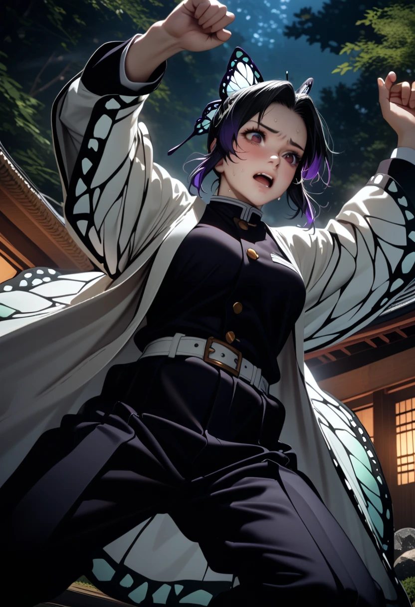 k0ch0ush1n0bu, shinobu kochou, animal print, black hair, butterfly, butterfly hair ornament, butterfly print, forehead, gradient hair, hair ornament, haori, multicolored hair, parted bangs, purple hair, short hair, two-tone hair,belt, black pants, butterfly print, coat, demon slayer uniform, haori, japanese clothes, pants, uniform,,1  japanese muscular girl,perfect hands, perfect finger,perfect anatomy, masterpiece, best quality,realistic, hyperrealistic, 16k hdr,medium breasts,outdoor,night,japanese old garden,,sweat,embarrassment,red blush,dynamic pose,dynamic angle,(jump,in the air:1.2),from below,spread legs,(holding japanese sword,butterfly shaped sword guard) 