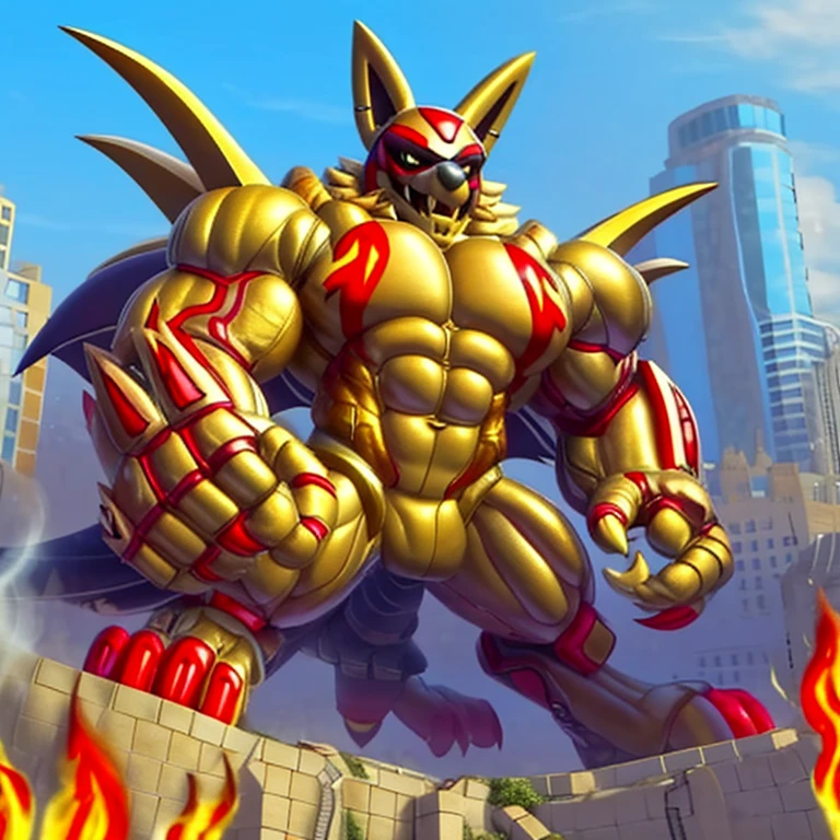 (Solo. masterpiece. official art. 8k. best quality. detailed full body. full body.) (situation 1 : dominating Shiny_Mega_Lucario. Shiny_Mega_Lucario is over 1000 meters long. focus GIANT mechanical Muscular Shiny_Mega_Lucario is trampling the city. Looking down. macro. stomp. Low-angle perspective. emphasizing the immense size.)

(situation 2 :smoke and flames rising from the destruction in the city)

(Additional details 1: wearing a full-face helmet. golden armor. high-tech bio-mecha armor. real texture material. whole body shines like metal. Wearing cyberpunk mecha. emphasizes the muscles. suit fully made of metal. intricate armor. Robotic suit. suit fully made of metal. cyborg. The Phoenix Wolf. The_Phoenix_Wolf.).

(Additional details 2: (Detailed head. Detailed Body. Detailed abs. gigantic muscles. HYPER MUSCLES. Gigachad Muscular. big muscle. pecs. triceps. traps. unusually developed muscular body. body full of huge muscles. showing off muscles. pectorales enormes. Exaggeratedly huge muscles. huge muscles. long legs.).

(Additional details 3: Spread wings. It has wings. have big wings. The claws are sharp. Sharp teeth).

(Additional details 4: golden hyper penis. hyper golden penis. big penis)