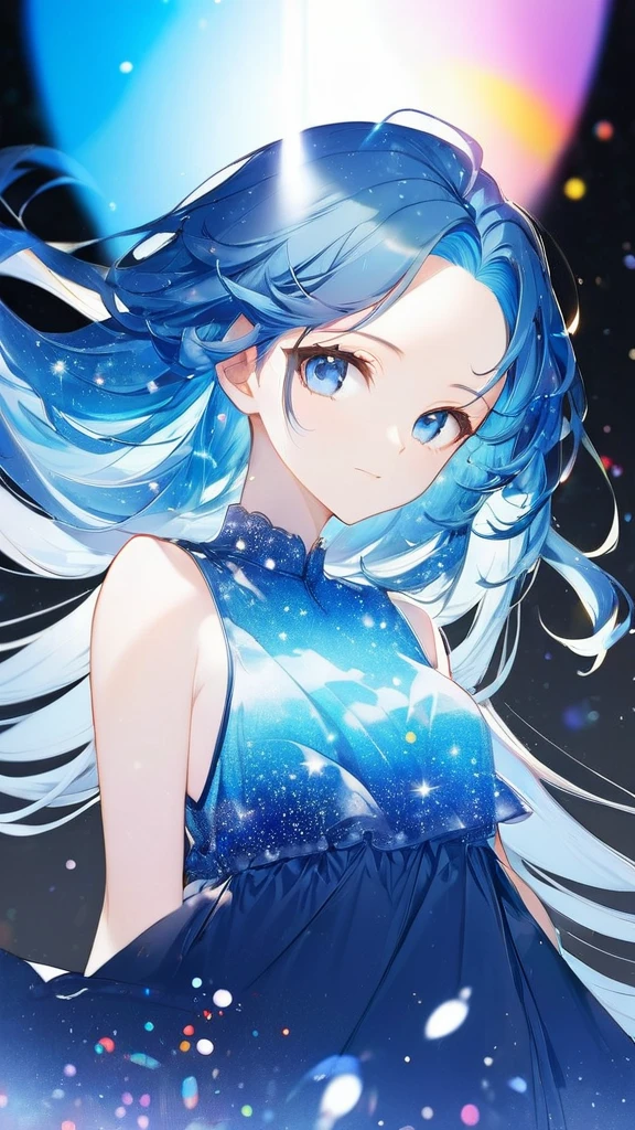 16k, (double exposure:1.05 silhouette: 1.1) (many detailed particles light) (background is exposure:1.1 many:1.4 Particles Colorful Light), wearing layered one piece dress, frontale forehead blue hair long hair lovely blue eyes girl.