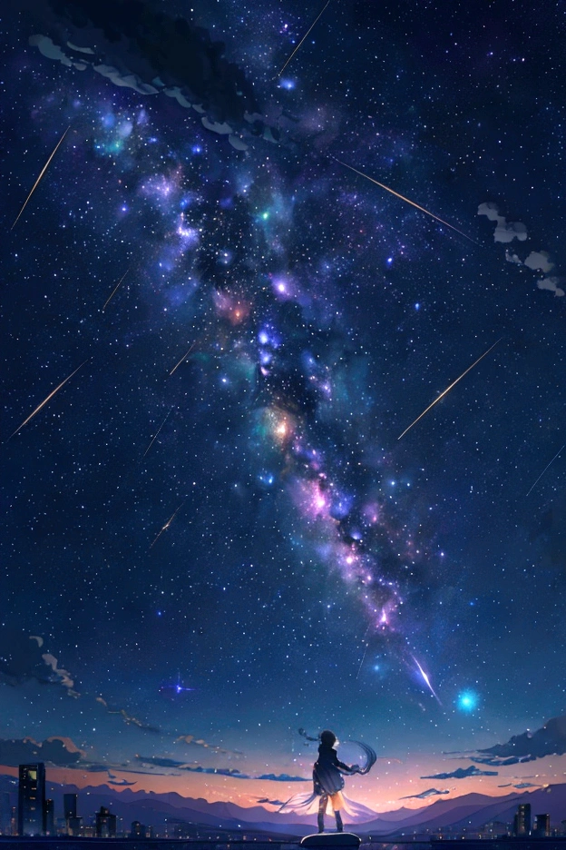 Iridescent幻想的なNight Sky、constellation, Iridescentconstellation、Iridescent空包み込まれそうな瞬間，Astronomical observation、Planetarium、Meteors、colorful，Beautiful Galaxy，wonderful景色，Night Sky，An atmosphere full of dreams and hope，masterpiece．16K, Ultra-high resolution, to be born,wonderful ,future、Iridescent、The world 30 years from now。