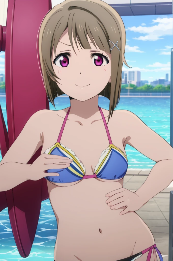 (((pixel-perfect, detail-perfect))), solo, 1girl, kasumi nakasu, eyes violet, smile, pool, bikini, armpit, flat filesize, ultra High Qality