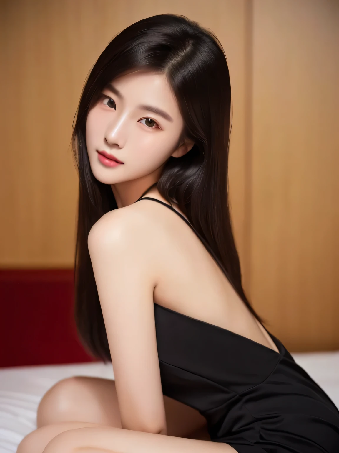 a close up of a woman in a black dress sitting on a bed, beautiful south korean woman, photo of slim girl model, japanese model, “ sensual, young sensual graceful, sexy :8, jaw-dropping beauty, by Ma Wan, very seductive pose, by Leng Mei, gorgeous chinese model, lovely woman, by Li Zai, by Ni Yuanlu