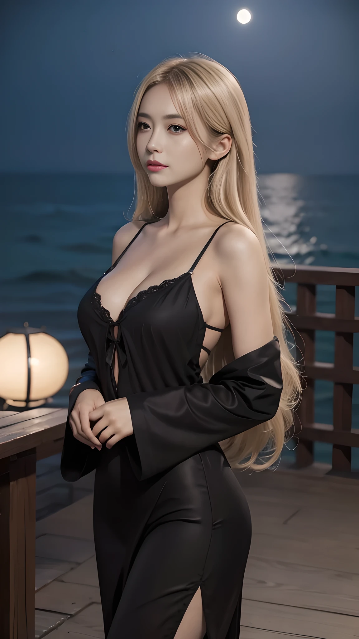 full hd 8k, Girl standing in front of a dark night scene, full moonlight reflecting on her beautiful face. Her long, silky hair was gently blown by the night wind, creating a gentle and romantic feeling. She is walking on a large beach. She looked up at the starry sky, as if searching for something, her eyes showing a pensive and lonely look. The full moon shines in the night sky creating a beautiful scene. The girl has long, strands of hair, Light blonde hair, a luxurious and noble beauty. The moonlight shines on the girl's delicate face, highlighting her large, round light brown eyes, creating a natural, gentle beauty. She wore a sexyly red traditional dress to create a sexy beauty. Her plumble breasts were exposed, revealing her plumble and extremely sexy breasts. These images capture detailed panoramic portraits and views of the sky and sea. All create a beautiful, wonderful picture that makes people unable to take their eyes off the scene. All of these details are depicted clearly and sharply, creating sexyly poses,