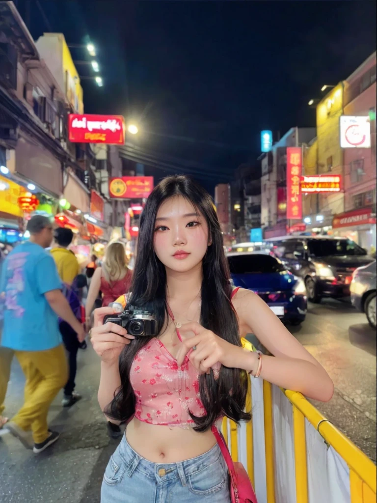 woman in pink top and jeans standing on street corner with mini camera, asian girl with long hair, 24 year old female model, 8k selfie photograph, shot on nikon z9, 8k artgerm bokeh, street pic