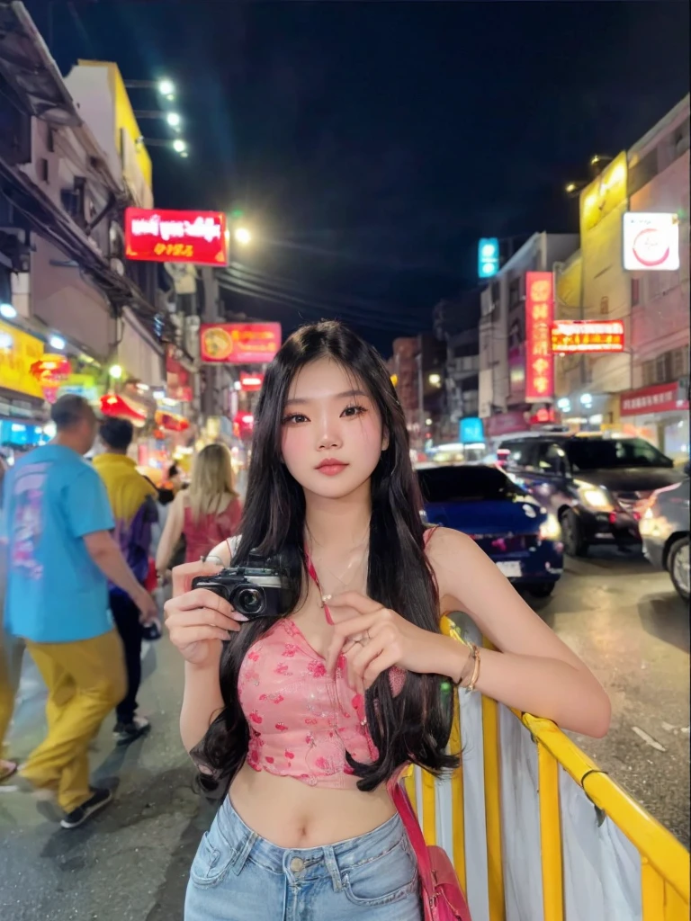 woman in pink top and jeans standing on street corner with mini camera, asian girl with long hair, 24 year old female model, 8k selfie photograph, shot on nikon z9, 8k artgerm bokeh, street pic