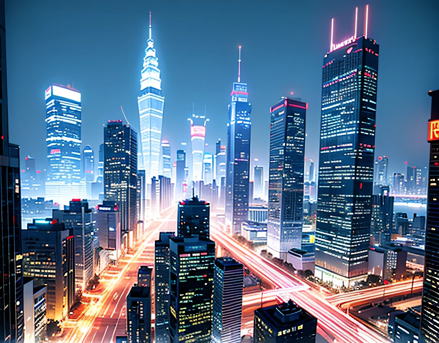 futuristic city，There is a large screen building sign，Technology，Neon light，Mechanical Punk，Super fine，Hyperrealism，Ultra-clear 8K，masterpiece highly complex urban landscape,Crowded Chinese skyscrapers、Road signs、Street Lights、taxi、bus、Beautiful and dreamy landscape、landscape、high quality、high resolution、Super fine，Hyperrealism，Ultra-clear 8K，masterpiece