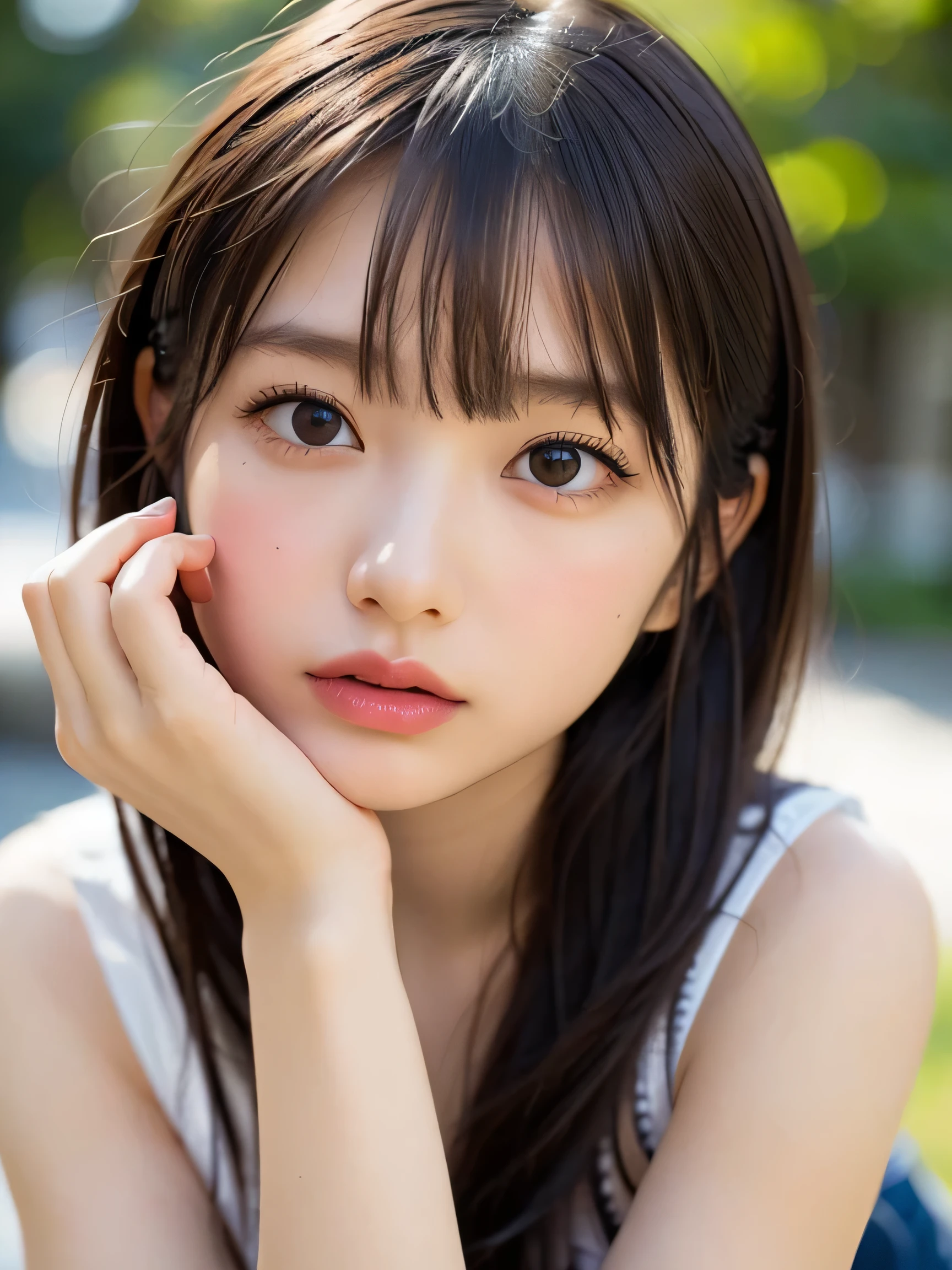 ((highest quality)), (be familiar with), beautiful girl, Japanese girl, baby face, highly detailed eyes, highly detailed nose, highly detailed mouth, beautiful feet, beautiful hand, beautiful arms, ((perfect anatomy :1.4)), one person, no cut, outdoor, glamor, Full-body, Photo-like, campus, chiaroscuro, ((masterpiece)), 16k, textured skin, super detail