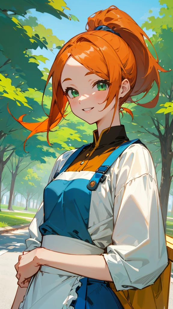 1 Girl、anime painting、Small breasts、White blouse、Blue Skirt、Apron appearance、Orange Hair、ponytail、Beautiful green eyes、smile、joy、Upper body close-up、Early summer roadside trees background、Sharp contours