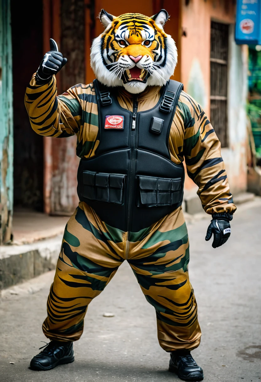 (a dark-skinned fat muscular old man in a bulky camouflage zipper diver suit) carrying a gun and (wearing realistic roaring siberian tiger mask), thumbs up, muscular, Basuki Abdullah, sumatraism, action, a character portrait, heroic, fierce, snarling