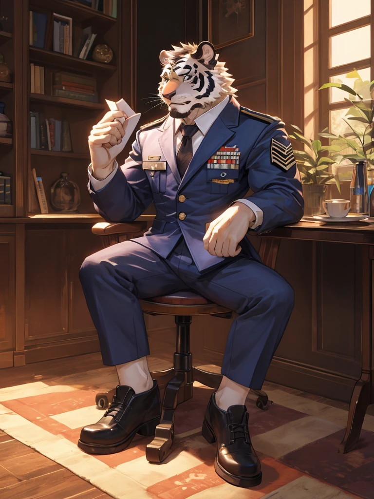 {{bara extremely handsome white tiger,}} {{white fur,}} white, wearing military like purple trench coat purple trousers and white dress shirt and necktie, white fluffy furry body and limbs, loafers, very tall, very broad shoulders, narrow waist, muscular arms, massive pecs, purple eyes, very long legs,  sitting on swivel chair with legs spread, reading file, sophisticated smart look, full body, sunlight casting over, 3/4 view, best quality, high quality, silver earring on left ear, dead stare, cold expression