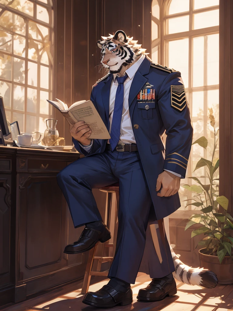 {{bara extremely handsome white tiger,}} {{white fur,}} white, wearing military like purple trench coat purple trousers and white dress shirt and necktie, white fluffy furry body and limbs, loafers, very tall, very broad shoulders, narrow waist, muscular arms, massive pecs, purple eyes, very long legs, sitting on swivel chair with legs spread, reading file, sophisticated smart look, full body, sunlight casting over, 3/4 view, best quality, high quality, silver earring on left ear, dead stare, cold expression
