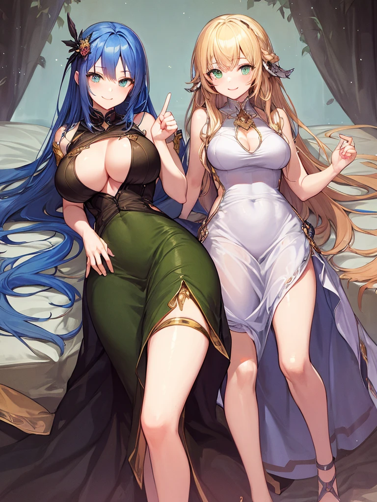 masterpiece, No sleeve，Long skirt，Long Hair，Blue Hair，Narrow eyes，Green Eyes，Complete limbs，Full Finger，Beautiful breasts，older sister，smile，front，