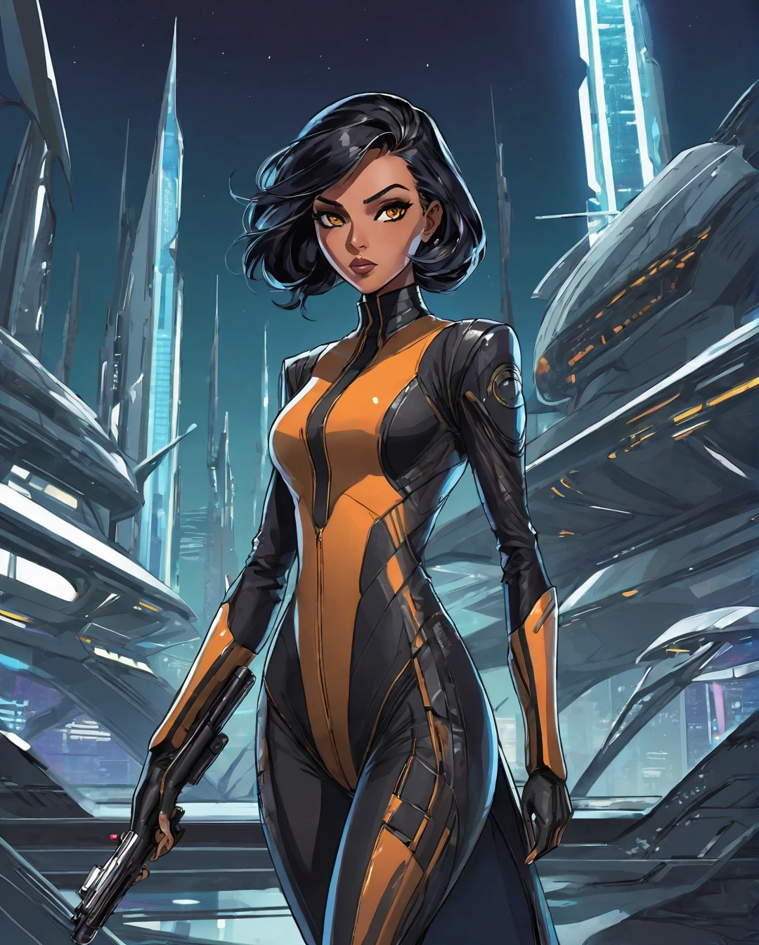 A gracefully dangerous Saudi Arabian woman, with light brown tan skin, brown eyes, and black hair, appears as an assassin and spy in a futuristic Alien planet city and landscape. The image depicts her in sleek, advanced attire that blends seamlessly with the alien surroundings. Every detail bursts with life amid the futuristic decay: her attire is a mix of high-tech and cultural elements, her eyes shine with cunning determination, and her movements exude deadly grace. The scene captures a perfect balance of elegance and danger, drawing viewers into a thrilling tale of intergalactic espionage.