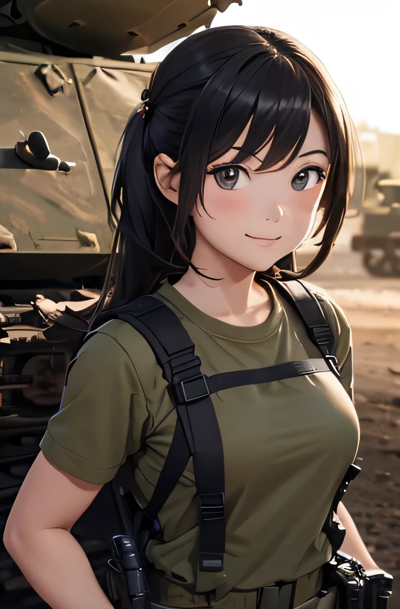 Girl in combat uniform,summer,Short sleeve,smile,In front of the tank,Ready your gun?,8K, Highest quality, masterpiece