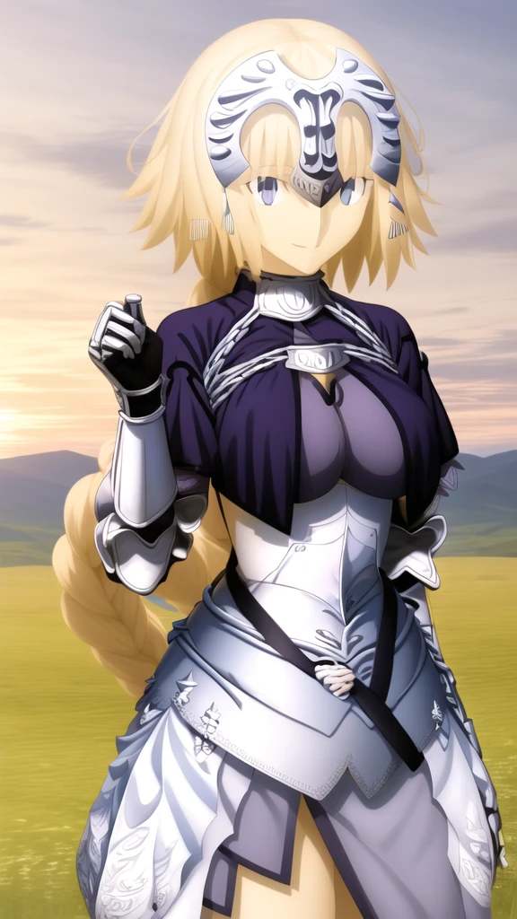 masterpiece, best quality, highres, aajd, long hair, single braid, long braid, headpiece, blue capelet, blue shirt, armor, armored dress, blue dress, gauntlets, black thighhighs, smile, reaching out, sunset, field,