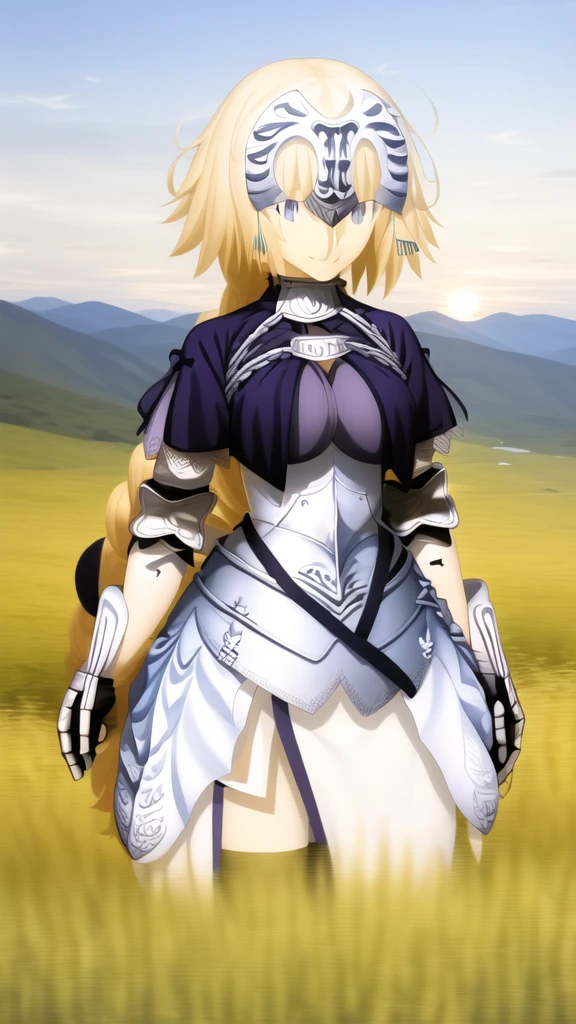 masterpiece, best quality, highres, aajd, long hair, single braid, long braid, headpiece, blue capelet, blue shirt, armor, armored dress, blue dress, gauntlets, black thighhighs, smile, reaching out, sunset, field,