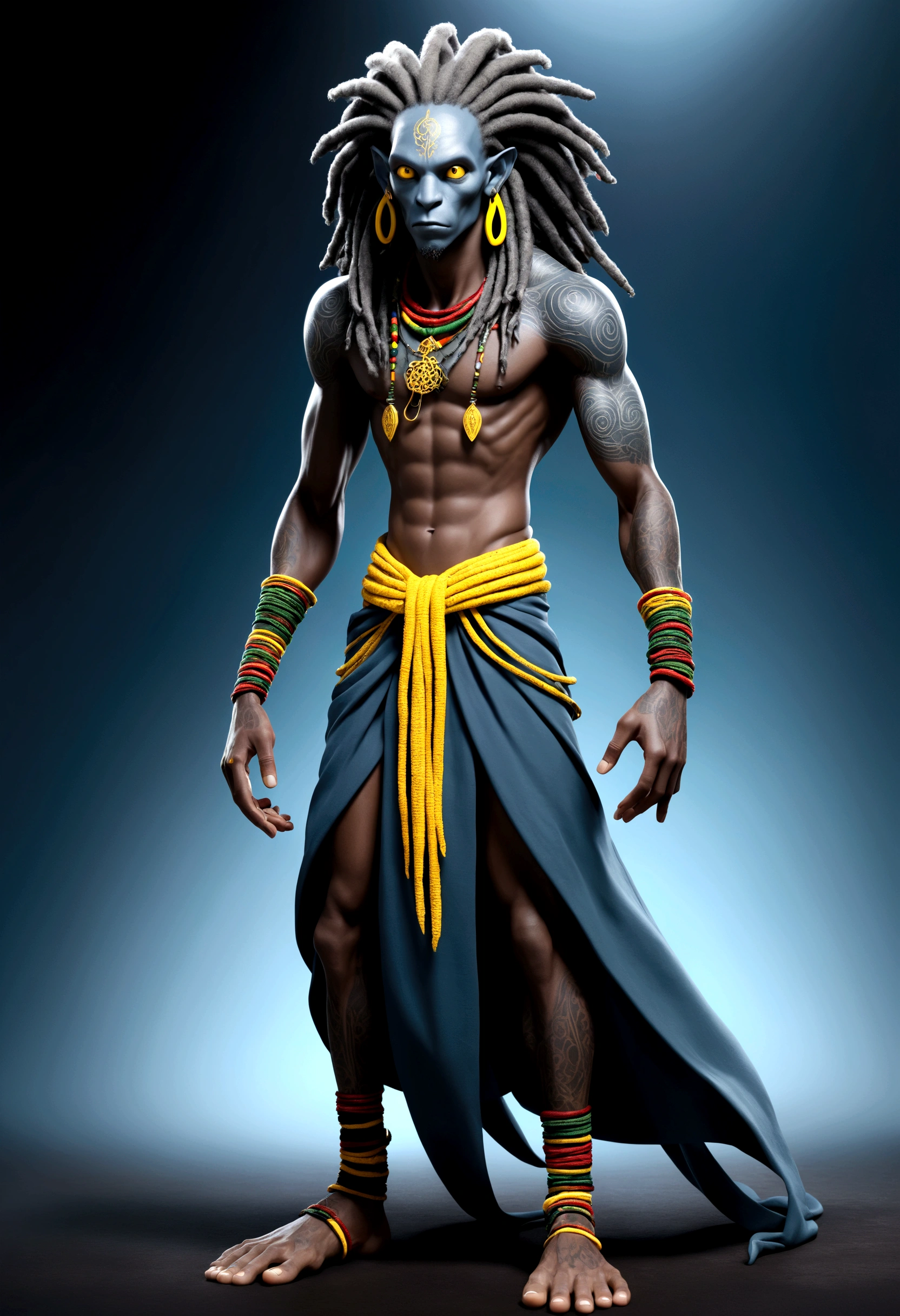 full body view with depth An epic a scaly skin,Rasta style hair out there, he wears a cord with mystical symbols illustration of a dark Entity. A tall humanoid muscular figure with unusual features such as white, plaster-like skin, slit mouth, no hair, slanted and larger-than-normal yellow eyes, and large, pointed ears, slender and strange, wearing blueish grey clothing.