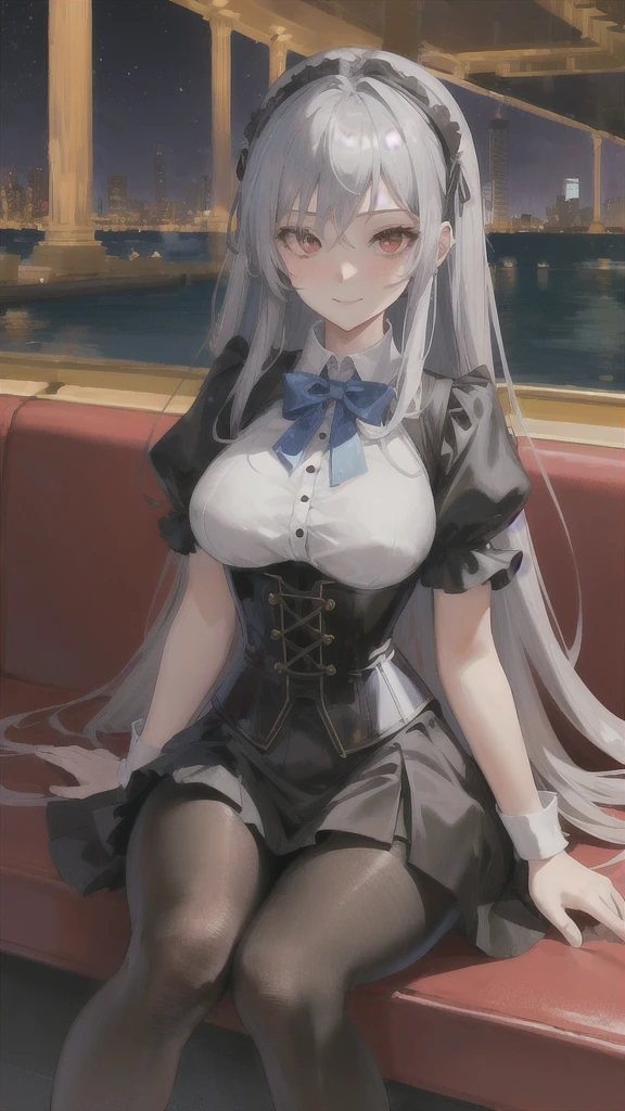 (((masterpiece))), best quality, 1girl, ((pantyhose)), silver hair, red eyes, park in the night with fountains background, looking at viewer, smile, busty, highly detailed face,highly detailed eyes, sitting, hi resolution,4k,8k, mature, , blushing, excited, upskirt, milf, miniskirt, corset, erect nipples, presenting
