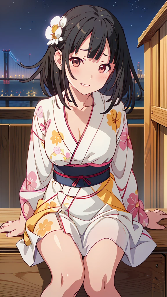 Anime girl in a kimono sitting on the stairs with fireworks in the background、(Tabletop:1.3), High resolution, Ultra-detailed, Highly detailed CG Unity 8k wallpaper, Realistic, Photorealistic, RAW Photos, Beautifully detailed face, Pale skin, Realistic glitter skin, Detailed cloth texture, Detailed hair texture, Perfect body, Beautiful Face, Acura, Anatomically correct, Highly detailed face and skin texture, Natural neck length, (Beautiful Hands), (Fair skin:1.2), Thin legs, Thin legs, (Teeth are neatly arranged:1.1), Sweaty skin, break, Fine grain, Symmetrical eyes, Light brown eyes, double eyelid, Thin eyebrows, (Glossy Lips:1.4), ((Cute smile:1.2)), (blush:1.1), (Glowing little hair ornament:1.1), break, (Elegant girl:1.3), (wear (Navy blue yukata:1.2) There is a white floral pattern), break, Large Breasts, Slim figure, Toned Abs, ((Updo, Black Hair,  Asymmetrical bangs:1.2)), (Close-up shot:1.2), (A sideways glance at the audience:1.1), From next to me, break, ((Sit on the stairs，Gently lift your chin in Odaiba:1.2)), ((Huge colorful fireworks bloom in the night sky:1.2)),