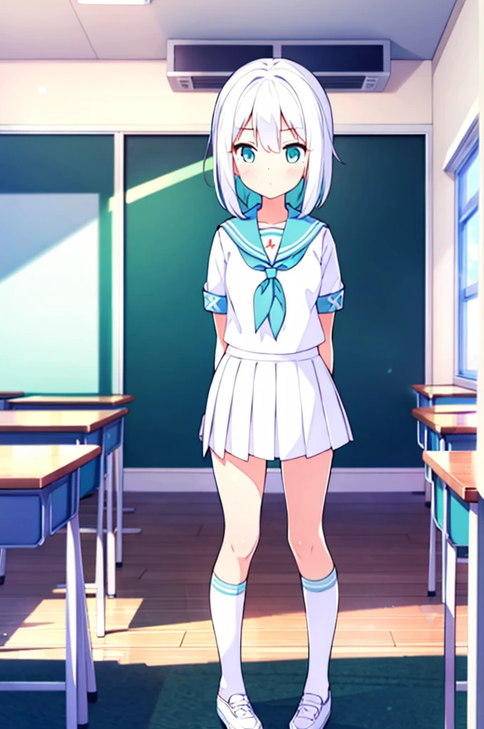 (masterpiece), classroom, 1girl, medium hair, white hair, (aqua eyes:1.2), (white sailor collar:1.2), serafuku, white skirt, pleated skirt