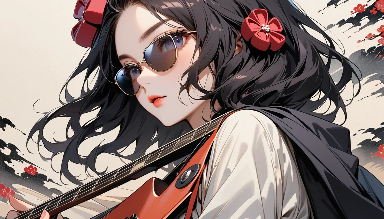 (((Highest quality))), (((Katsushika Hokusai))), (((Ink Painting))), ((very straight longhair)), ((1 girl)), ((sunglasses)), ((beautiful girl)), ((Holding a Les Paul guitar)), Japanese style headphones, Black Hair, Delicate and precise, Modern ukiyo-e style, face close up