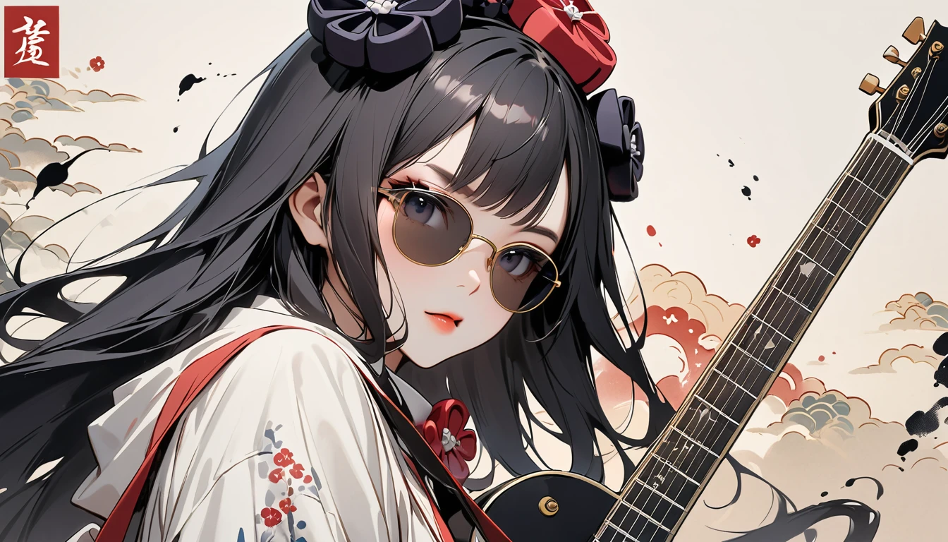 (((Highest quality))), (((Katsushika Hokusai))), (((Ink Painting))), ((very straight longhair)), ((1 girl)), ((sunglasses)), ((beautiful girl)), ((Holding a Les Paul guitar)), Japanese style headphones, Black Hair, Delicate and precise, Modern ukiyo-e style, face close up
