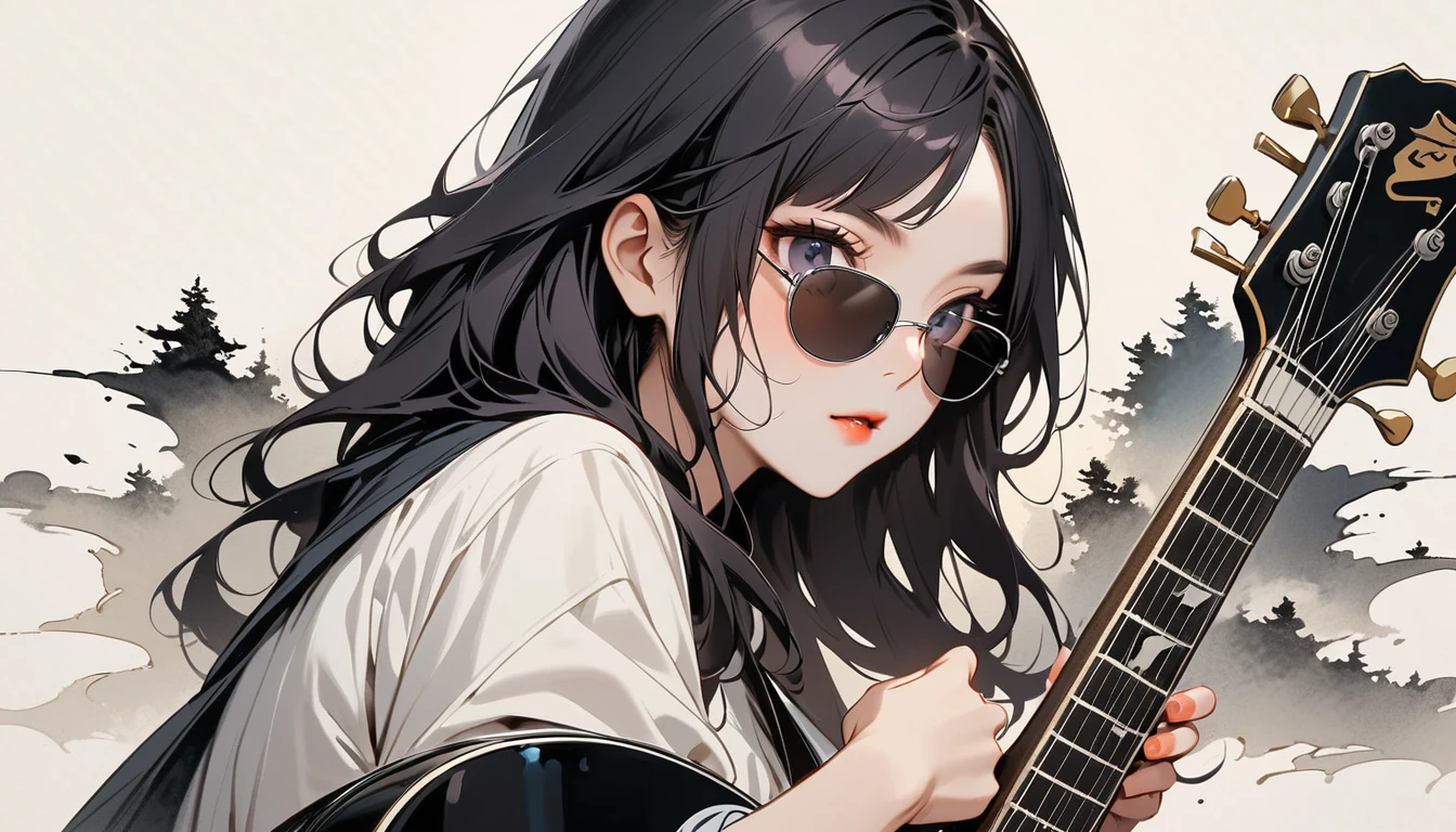 (((Highest quality))), (((Katsushika Hokusai))), (((Ink Painting))), ((very straight longhair)), ((1 girl)), ((sunglasses)), ((beautiful girl)), ((Holding a Les Paul guitar)), Japanese style headphones, Black Hair, Delicate and precise, Modern ukiyo-e style, face close up