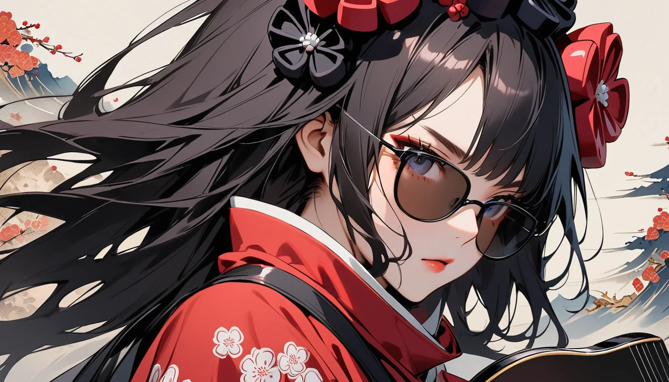 (((Highest quality))), (((Katsushika Hokusai))), (((Ink Painting))), ((very straight longhair)), ((1 girl)), ((sunglasses)), ((beautiful girl)), ((Holding a Les Paul guitar)), Japanese style headphones, Black Hair, Delicate and precise, Modern ukiyo-e style, face close up