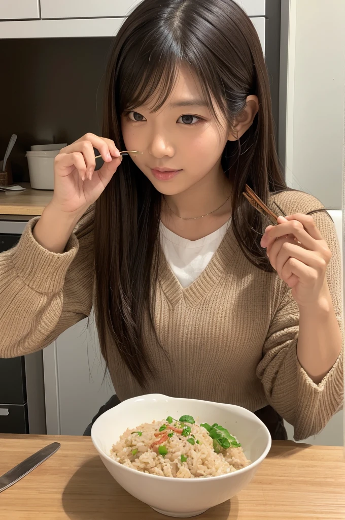 A girl eating delicious brown rice　CG