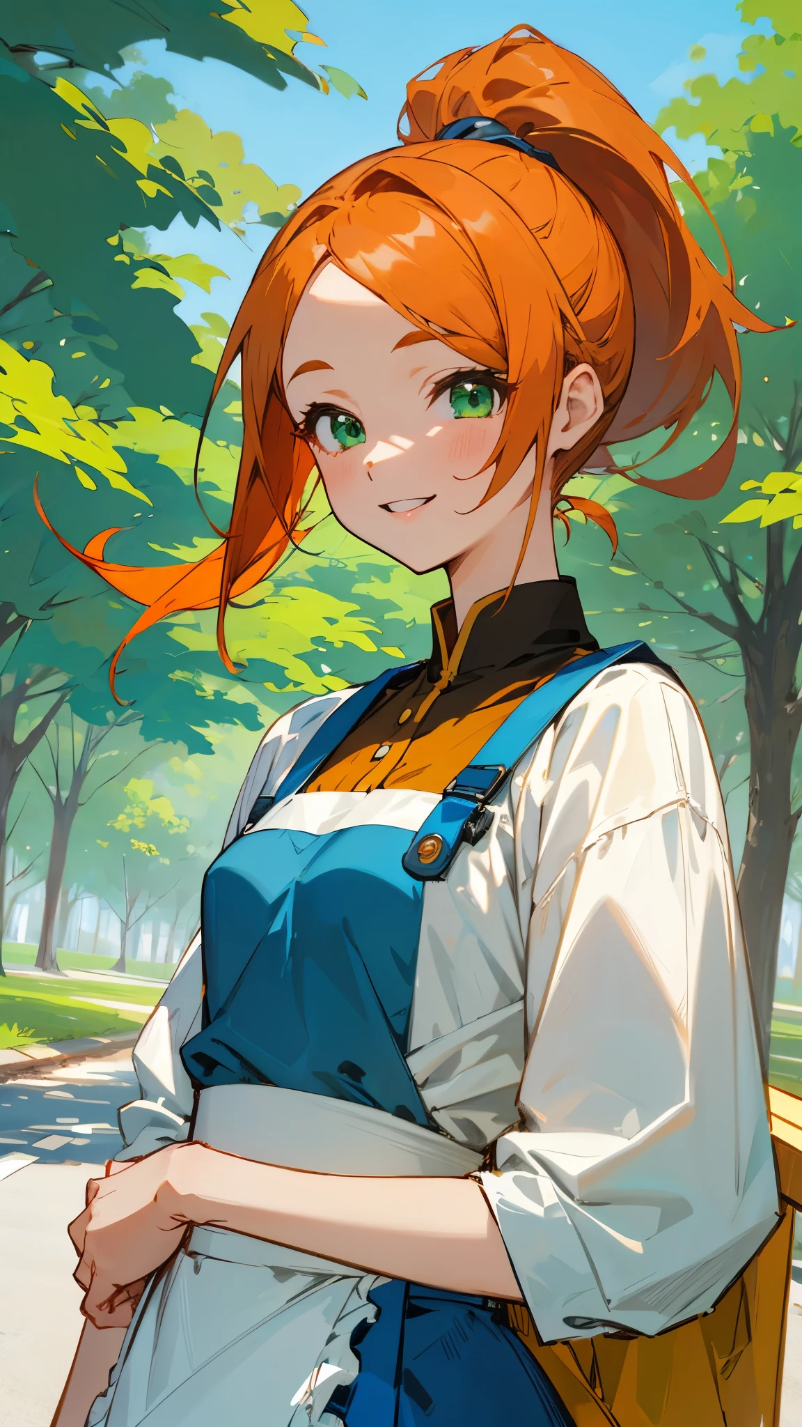 1 Girl、anime painting、Small breasts、White blouse、Blue Skirt、Apron appearance、Orange Hair、ponytail、Beautiful green eyes、smile、joy、Upper body close-up、Early summer roadside trees background、Sharp contours