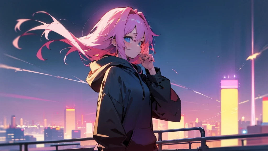 girl in the night city Anime Style 4 k, Anime Style. 8K, Wearing a hoodie, Digital anime illustration, アニメアート壁紙 8K 4k anime wallpaper, 4K Manga Wallpapers, anime wallpaper 4k
