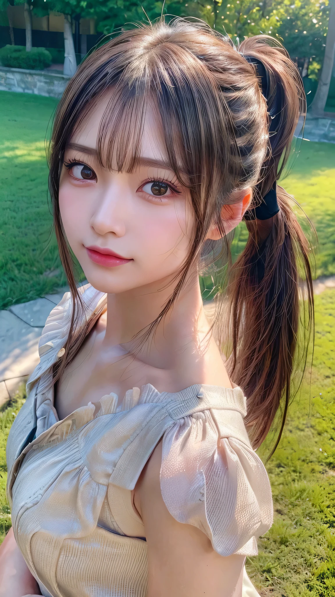 One piece with collar,outdoors,Urban Park,On the lawn,Ultra-detailed, finely detail, hight resolution, 8K Wallpaper, Perfect dynamic composition, Beautiful detailed eyes,Outdoor,Close-up of face,Outdoor,Blushing,Facing forward,,Long hair ponytail,((8k, Raw photo, Best Quality, Mastepiece:1.2), (Realism, Photorealistic:1.4), (Highly detailed 8K wallpapers), Depth of written boundary, Cinematic Lighting, Soft Light, Detailed Beauty Eye,Shiny and smooth light brown ponytail, Asymmetrical bangs, Shiny skin, Ultra-detailed skins ,It is high resolution., High detail, Detailed hairstyle, Detailed facial beauty, Hyper-realistic, Perfect limbs, Perfect Anatomy ,1 Japanese girl,Famous Japanese Idols, Perfect female body,A shy smile,Short eyelashes,Double-edged eyelids,Look straight here,Hair style: ponytail,