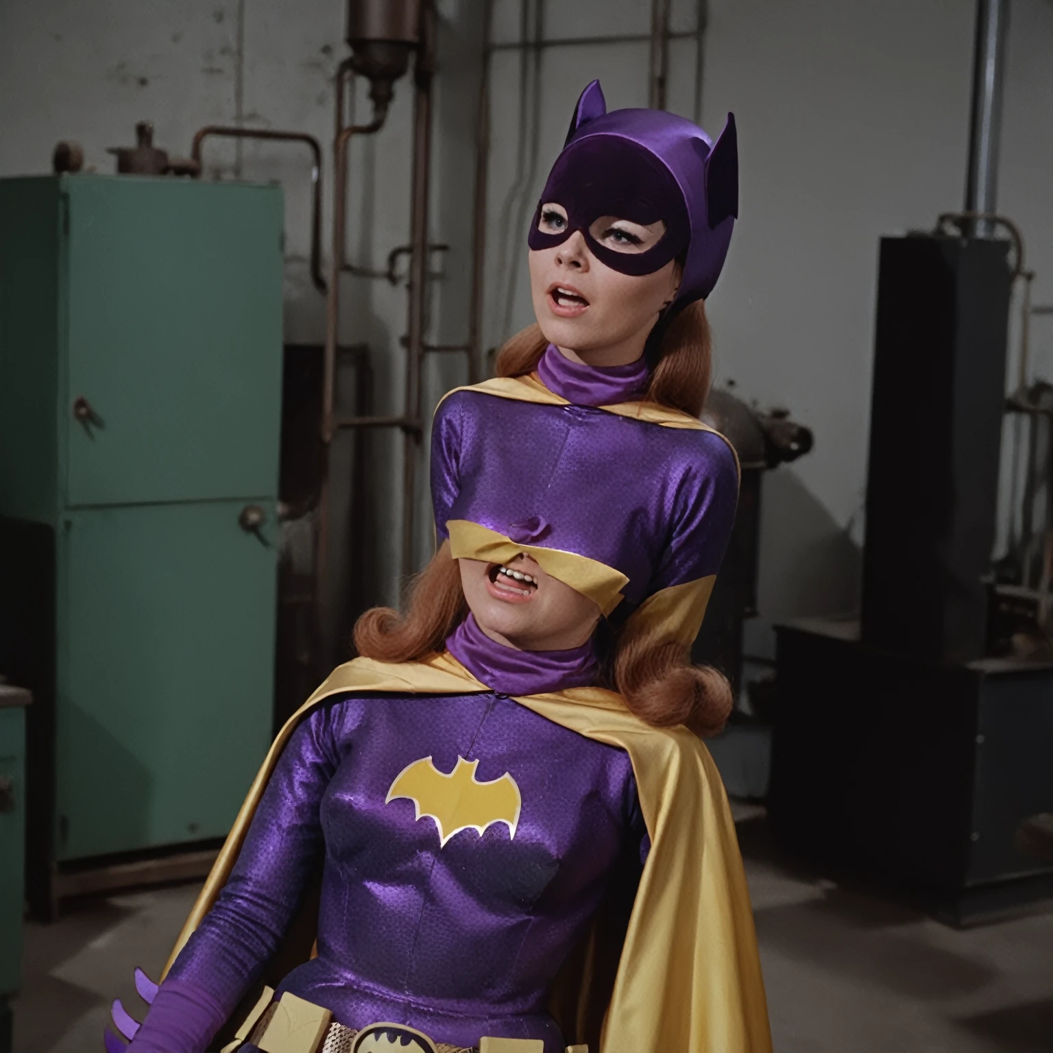 yvonne craig woman, with a pain expression. She has stomachache, she grabs her stomach and squeeze it. In a factory, 60's style, analog film, snapshot, film grain