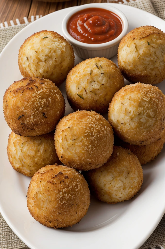 Truffle Arancini: Crispy risotto balls infused with truffle oil, filled with cheese, and served with a marinara dipping sauce.