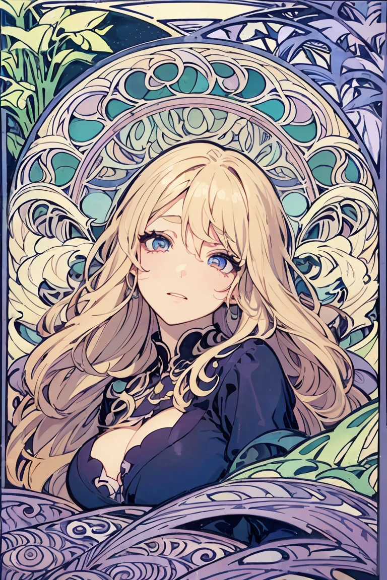 masterpiece, absurdres, best quality, ultra detailed, high Resolution, detailed illustration, bright colour, (extremely beautiful detailed face and eyes, Delicate beautiful face, 1 girl, cute face:1.3), (magenta eyes:1.1), sparkling eyes, big eyes, big breasts, (perky breasts:1.1), (pointy breasts:1.1), medium hips, glamorous body, white skin, BREAK, (blonde hair:0.8), messy hair, detailed hair, shiny hair, BREAK (undressed, witch:1.3), perfect lighting, (embarrassed:1.3), (ecstasy, vulgarity:1.5), (trembling:0.8), (art nouveau:1.5), (Zentangle:1.3), 
