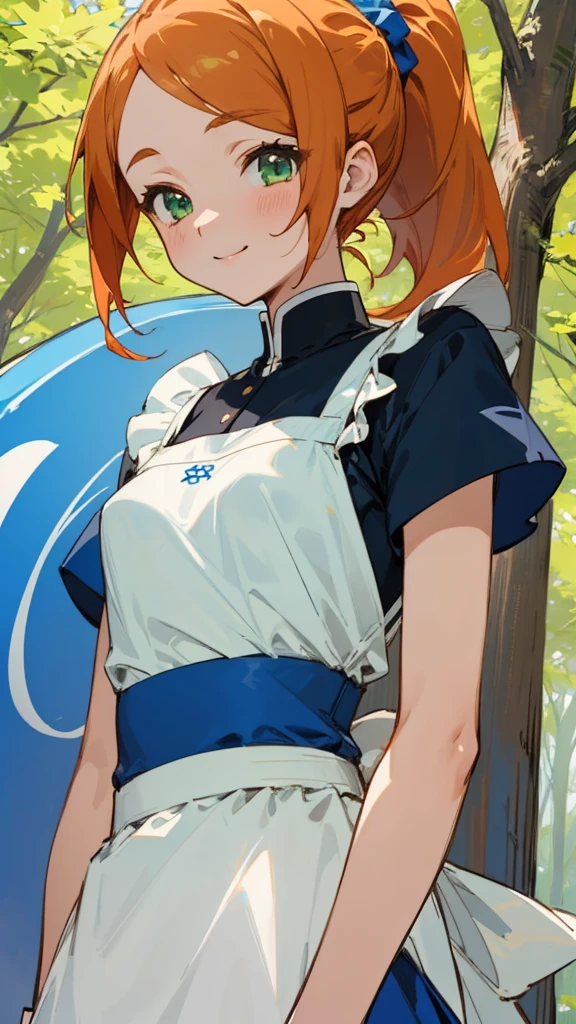 1 Girl、anime painting、Small breasts、White blouse、Blue Skirt、Apron appearance、Orange Hair、ponytail、Beautiful green eyes、smile、joy、Upper body close-up、Early summer roadside trees background、Sharp contours