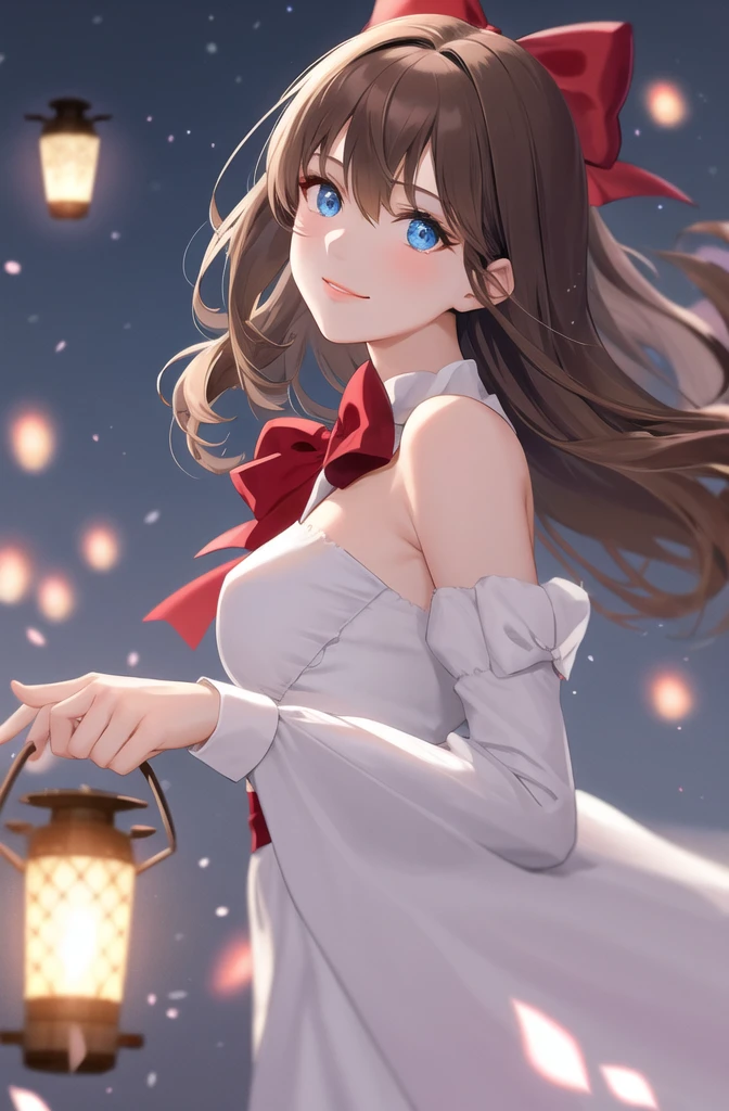 (extremely delicate and beautiful:1.2),1girl, bangs, blue eyes, blurry, blurry background, bow, brown hair, closed mouth, from side, hair between eyes, hair bow, lantern, light particles, long sleeves, looking at viewer, medium hair, night, red bow, solo, star \(symbol\), upper body,smile,red lips