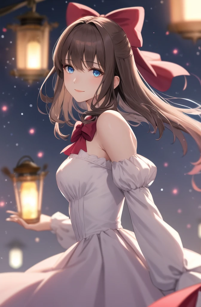 (extremely delicate and beautiful:1.2),1girl, bangs, blue eyes, blurry, blurry background, bow, brown hair, closed mouth, from side, hair between eyes, hair bow, lantern, light particles, long sleeves, looking at viewer, medium hair, night, red bow, solo, star \(symbol\), upper body,smile,red lips