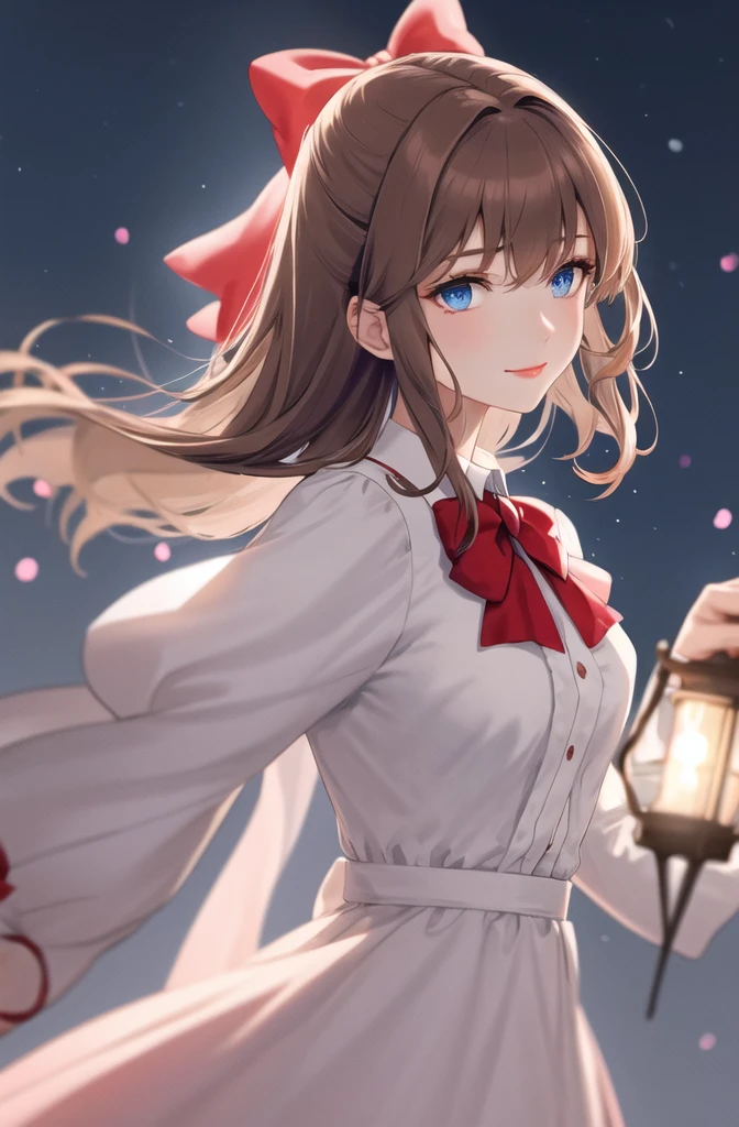 (extremely delicate and beautiful:1.2),1girl, bangs, blue eyes, blurry, blurry background, bow, brown hair, closed mouth, from side, hair between eyes, hair bow, lantern, light particles, long sleeves, looking at viewer, medium hair, night, red bow, solo, star \(symbol\), upper body,smile,red lips
