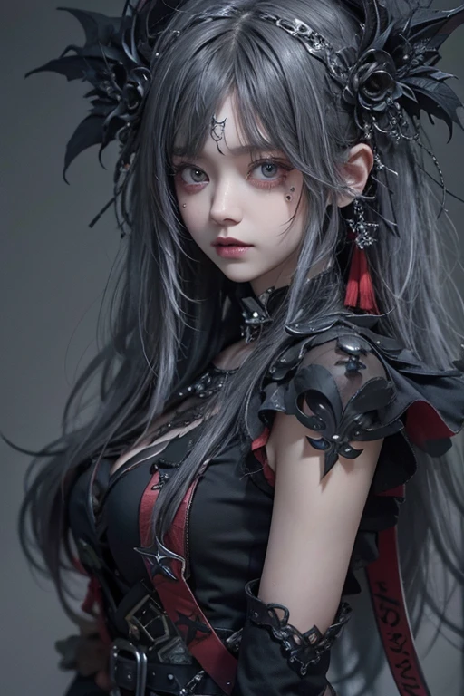 Highest quality、8K、masterpiece：1.3、Gothic Punk、The inner  is red、Gray Black Hair、hair ornaments、beautiful girl、creative、Dark Fantasy Style、Neogoth、Goth Fashion：1.2、High resolution、masterpiece、Highest quality、頭w:1.3、((Hasselblad Photos))、Fine skin、Sharp focus、(Cinema Lighting)、Realistic textured hair