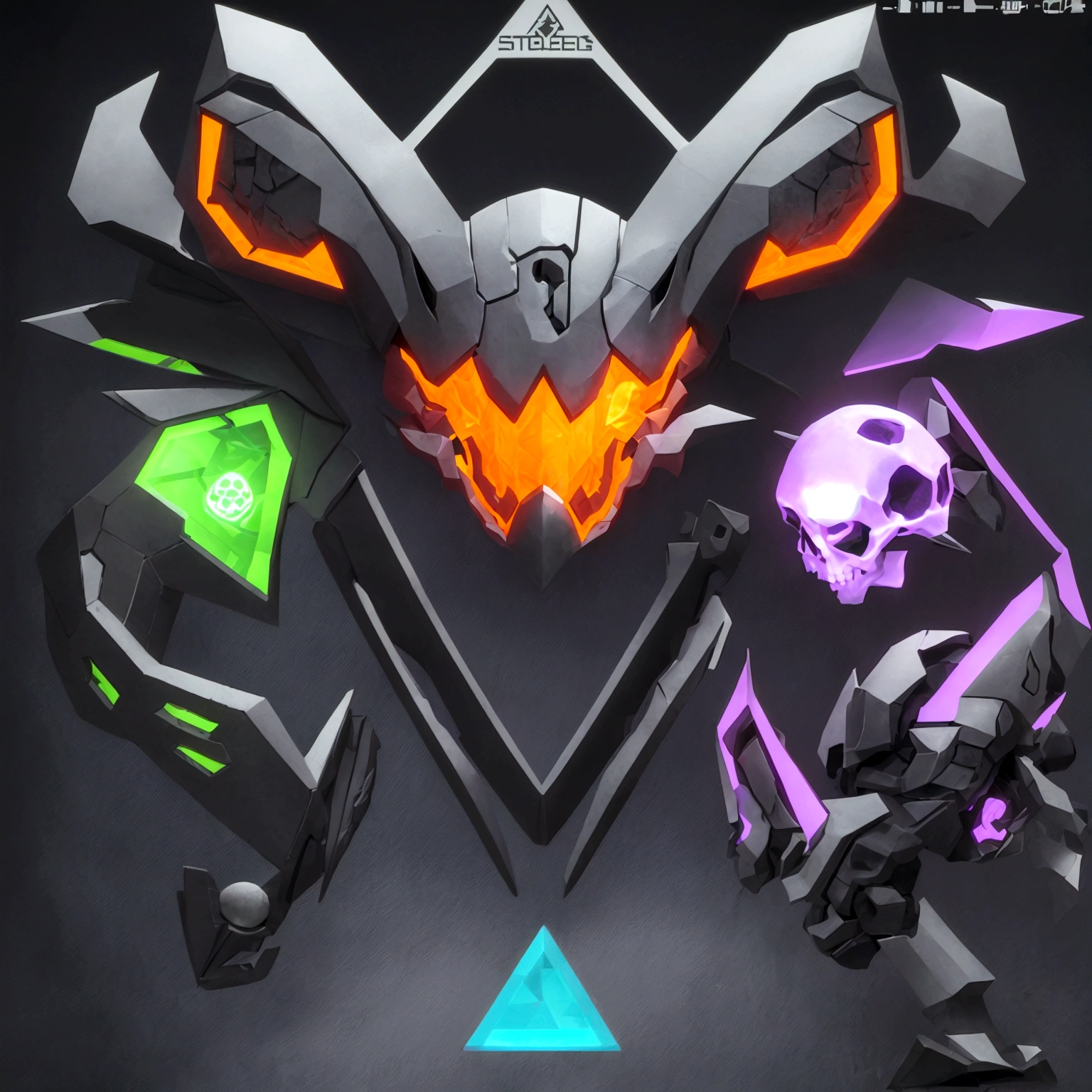Game development studio logo featuring three interconnected stylized skulls. 1) 3D modeler skull: 45-degree right, low poly, wireframe, headphones, UI elements, blues/teals. 2) Programmer skull: front-facing, made of code, cursor eye, loading icon eye, motion lines, neon green on black. 3) Game designer skull: 30-degree left, book-inspired, quill nose, story elements, game icon teeth, yellows/oranges/purple. Arranged in triangle, slightly overlapping, unified sketch/digital style. Subtle circuit board background. Studio name integrated. Soft inner glow, connecting lines between skulls. Main skull (3D modeler) slightly larger, foreground. Mix of smooth and rough textures. High contrast, vibrant colors, professional yet edgy aesthetic