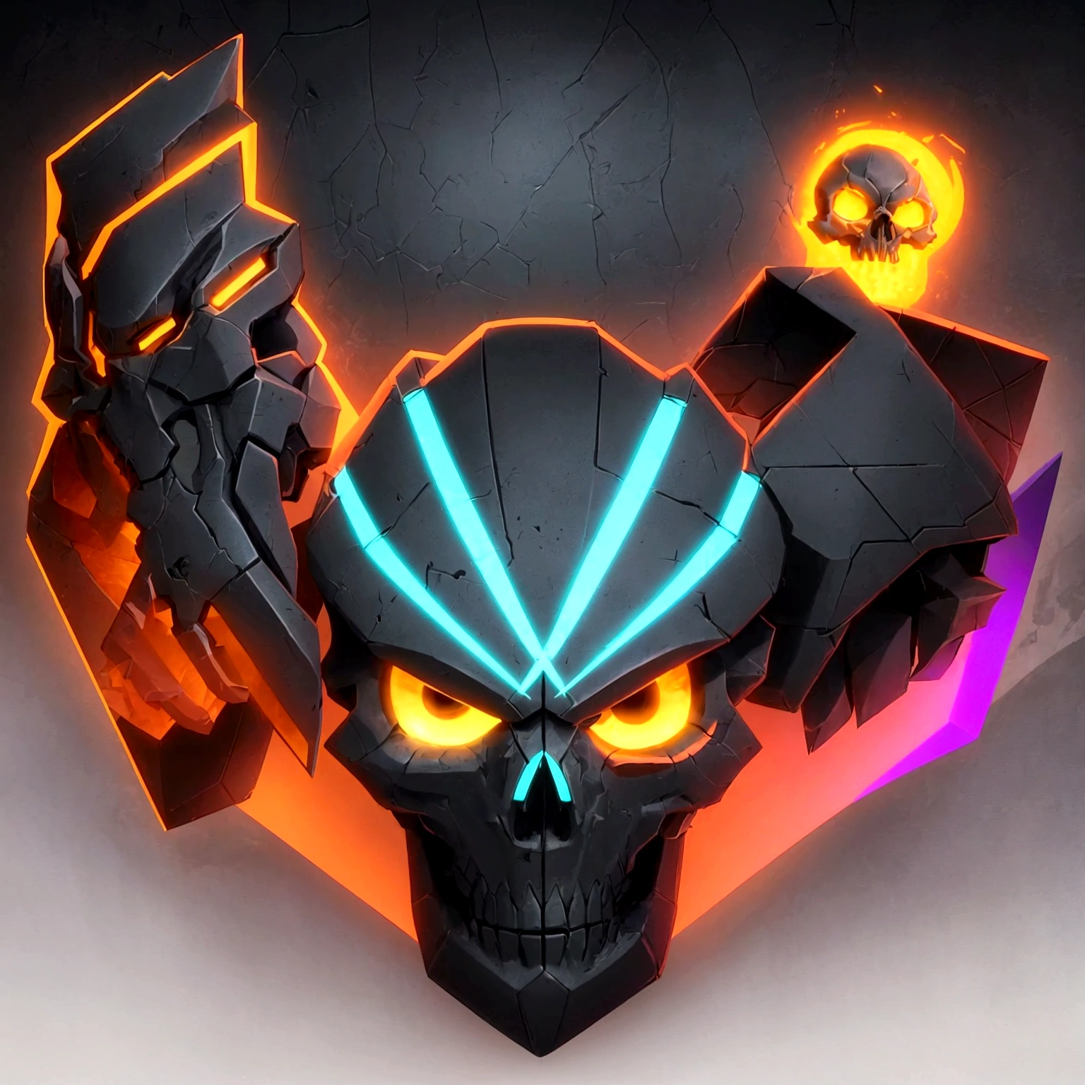 Game development studio logo featuring three interconnected stylized skulls. 1) 3D modeler skull: 45-degree right, low poly, wireframe, headphones, UI elements, blues/teals. 2) Programmer skull: front-facing, made of code, cursor eye, loading icon eye, motion lines, neon green on black. 3) Game designer skull: 30-degree left, book-inspired, quill nose, story elements, game icon teeth, yellows/oranges/purple. Arranged in triangle, slightly overlapping, unified sketch/digital style. Subtle circuit board background. Studio name integrated. Soft inner glow, connecting lines between skulls. Main skull (3D modeler) slightly larger, foreground. Mix of smooth and rough textures. High contrast, vibrant colors, professional yet edgy aesthetic