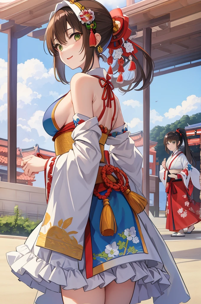 masterpiece、High resolution、Highest quality、1 girl、natsuiro matsuri、Festival Base、Back view、Brown Hair、High ponytail、Round green eyes、Sanja Festival、short hair、Headband、Bleaching、Loincloth、Blue Japanese traditional haori、smile