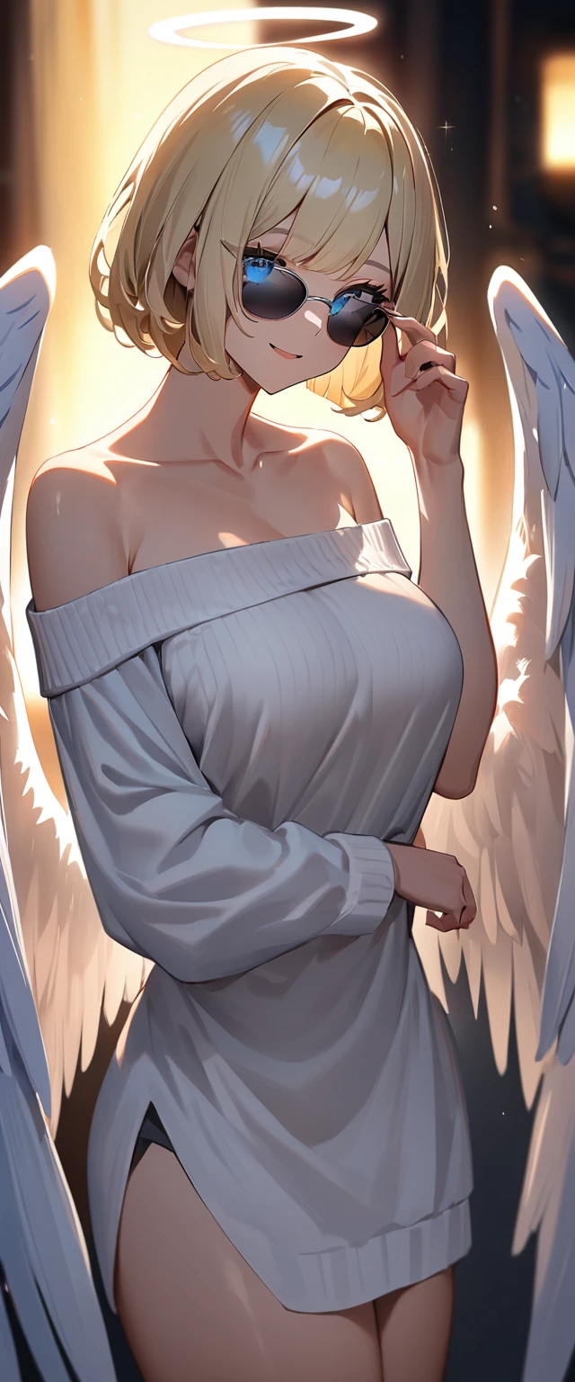 ((angel, big big white wings:1.3, halo:1.3)), ((from below)), (((sunglasses, hand to sunglasses))), (((cowboy shot))), archangel Uriel, ((wavy hair, inward curled hair)), evening, Sunset, ((blond hair, bob cut:1.3)), breasts, teenager, (looking at viewer), oversized clothes, puffy long sleeves, cleavage, ((off-shoulder sweater:1.3, Quite thick shoulder straps)), ((white sweater)), collarbone, head tilt:1.3, (((blue eyes))), ((happy smile)), (((anime style))), (best quality, 4K, 8K, highres, masterpiece:1.2, ultra-detailed, ultra-detailed eyes, HDR, uhd, studio lighting, ultra-fine painting, sharp focus, physically-based rendering, extreme detail description, professional, vivid colors, bokeh)