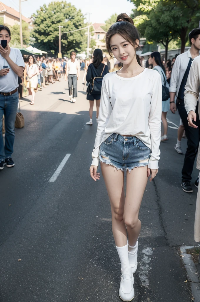 (((best quality))),(((ultra detailed))),(((masterpiece))),illustration,((1 beautiful girl,solo)),((slim,thin)),((small breasts,flat chest)), outside school gate, summer twilight, sunlight,(short ponytail:1.3),((white long-sleeved shirt)),(clavicalis:1.3),((denim shorts,slender legs,white socks,slippers)),animated face, excited eyes, sounds of laughter, chatter, excitement of summer vacation, air filled with energy, school gate golden glow, symbol of end of academic year, schoolyard transformed, reunion, farewells, embracing setting sun, face illuminated, moment captured, fleeting instant, essence of summer, carefree spirit, youthful exuberance, embodiment of season, sun dips, rosy glow, joy of living,promise of adventures,((standing,from front,full body)),(surrounded by crowded crowds:1.3)