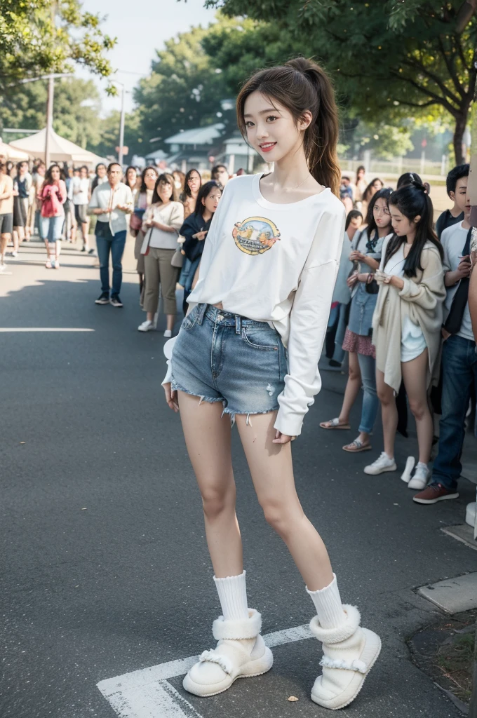 (((best quality))),(((ultra detailed))),(((masterpiece))),illustration,((1 beautiful girl,solo)),((slim,thin)),((small breasts,flat chest)), outside school gate, summer twilight, sunlight,(short ponytail:1.3),((white long-sleeved shirt)),(clavicalis:1.3),((denim shorts,slender legs,white socks,slippers)),animated face, excited eyes, sounds of laughter, chatter, excitement of summer vacation, air filled with energy, school gate golden glow, symbol of end of academic year, schoolyard transformed, reunion, farewells, embracing setting sun, face illuminated, moment captured, fleeting instant, essence of summer, carefree spirit, youthful exuberance, embodiment of season, sun dips, rosy glow, joy of living,promise of adventures,((standing,from front,full body)),(surrounded by crowded crowds:1.3)