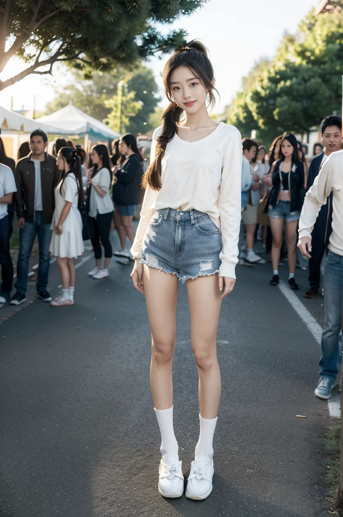 (((best quality))),(((ultra detailed))),(((masterpiece))),illustration,((1 beautiful girl,solo)),((slim,thin)),((small breasts,flat chest)), outside school gate, summer twilight, sunlight,(short ponytail:1.3),((white long-sleeved shirt)),(clavicalis:1.3),((denim shorts,slender legs,white socks,slippers)),animated face, excited eyes, sounds of laughter, chatter, excitement of summer vacation, air filled with energy, school gate golden glow, symbol of end of academic year, schoolyard transformed, reunion, farewells, embracing setting sun, face illuminated, moment captured, fleeting instant, essence of summer, carefree spirit, youthful exuberance, embodiment of season, sun dips, rosy glow, joy of living,promise of adventures,((standing,from front,full body)),(surrounded by crowded crowds:1.3)