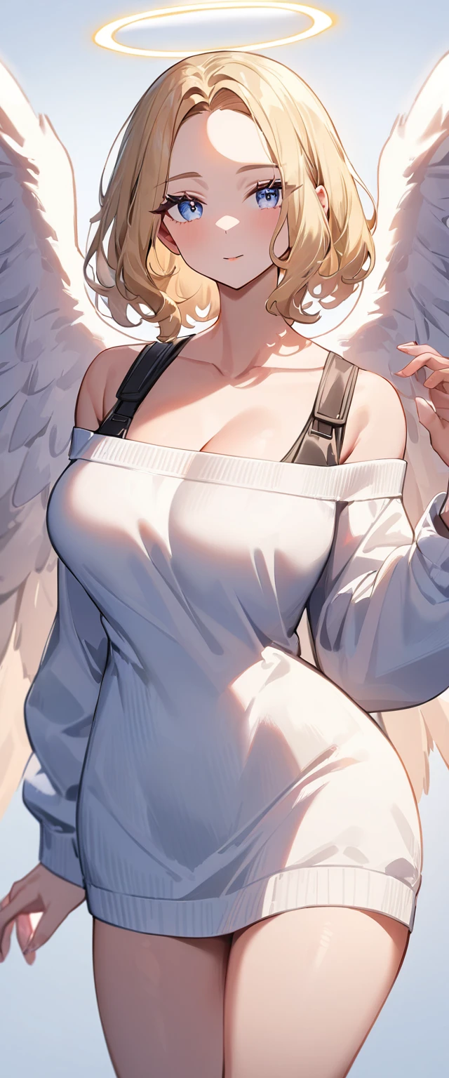 (((One girl))), (((cowboy shot))), ((flying)), ((angel, big big white wings:1.2, halo:1.3)), Uriel, ((wavy hair, outward curled hair)), evening, Sunset, ((blond hair, bob cut:1.3)), big breasts, ager, (looking at viewer), oversized clothes, puffy long sleeves, collarbone, ((off-shoulder sweater dress:1.3, Quite thick shoulder straps)), (((sleeves past wrists:1.3))), ((white sweater)), collarbone, head tilt:1.3, (((blue eye))), ((happy smile)), (((anime style))), (best quality, 4K, 8K, highres, masterpiece:1.2, ultra-detailed, ultra-detailed eyes, HDR, uhd, studio lighting, ultra-fine painting, sharp focus, physically-based rendering, extreme detail description, professional, vivid colors, bokeh), ((Highest quality, Best image quality, Ultra-high resolution, Ultra-high resolution, solo, Strong eye highlights)), Depth of written boundary, Natural soft light, attractive, Beautiful Face, Cleanliness, Pure Face, medium chest, Beautiful Face, Perfect Fingers, Perfect hands, Perfect body, Perfect Face, Shine a light into your eyes, Perfect Anatomy